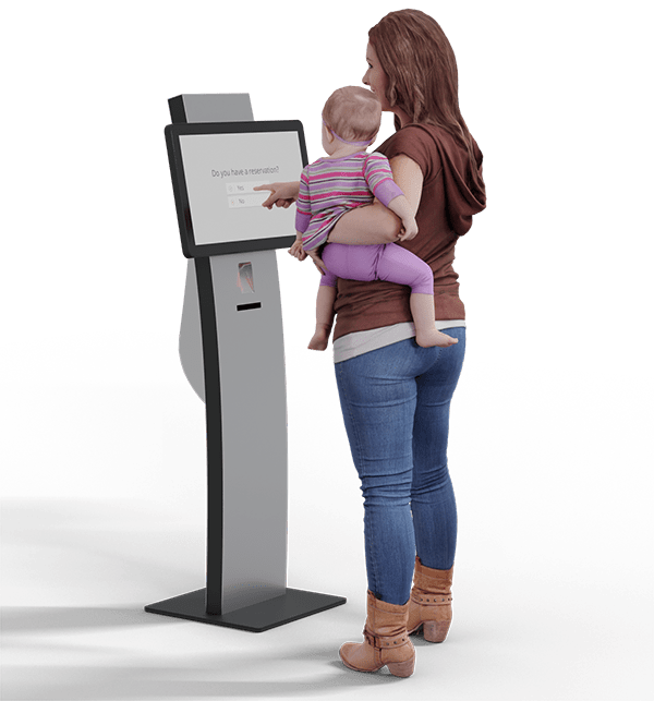 Mom and daughter using frontdesk kiosk